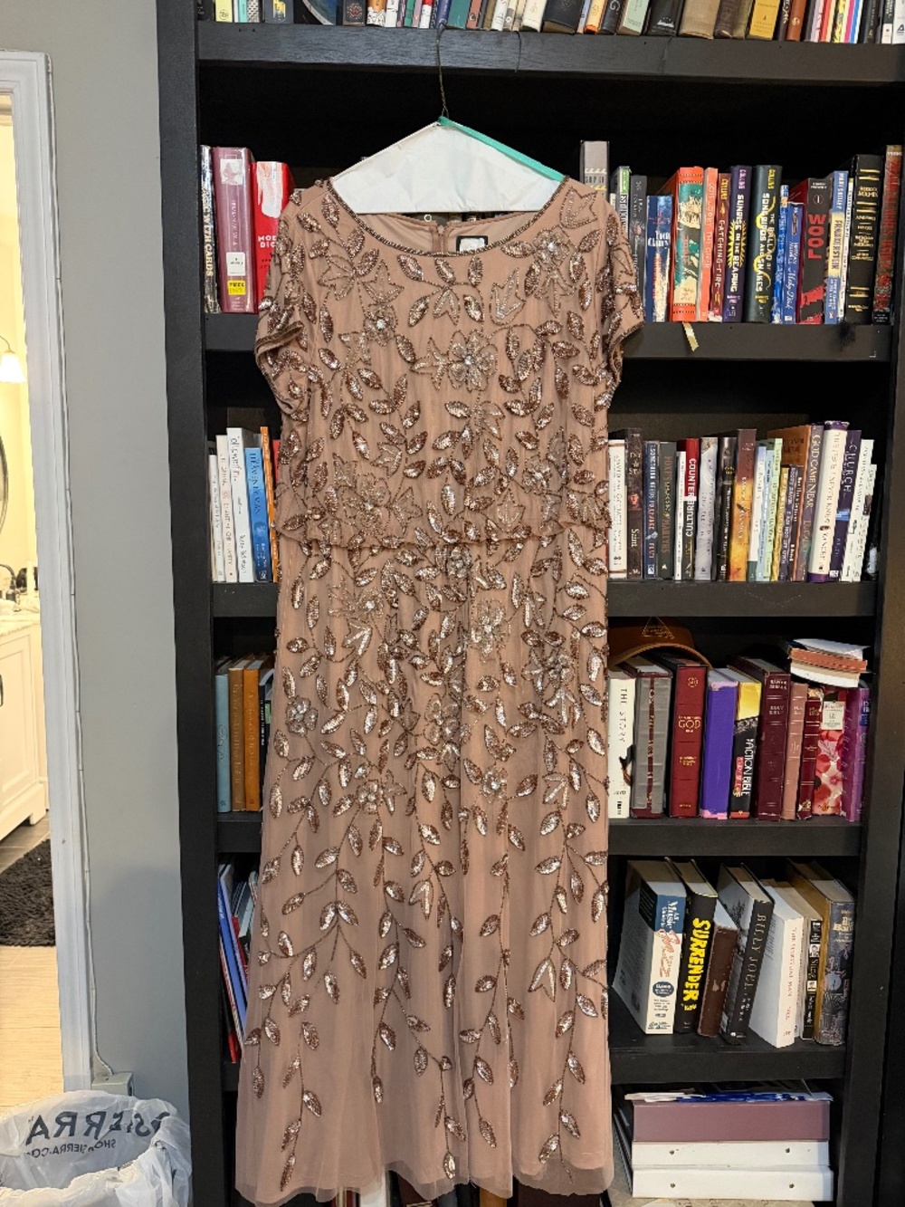 Adrianna Pappell Rosegold Beaded Blouson Dress sz 22 petite